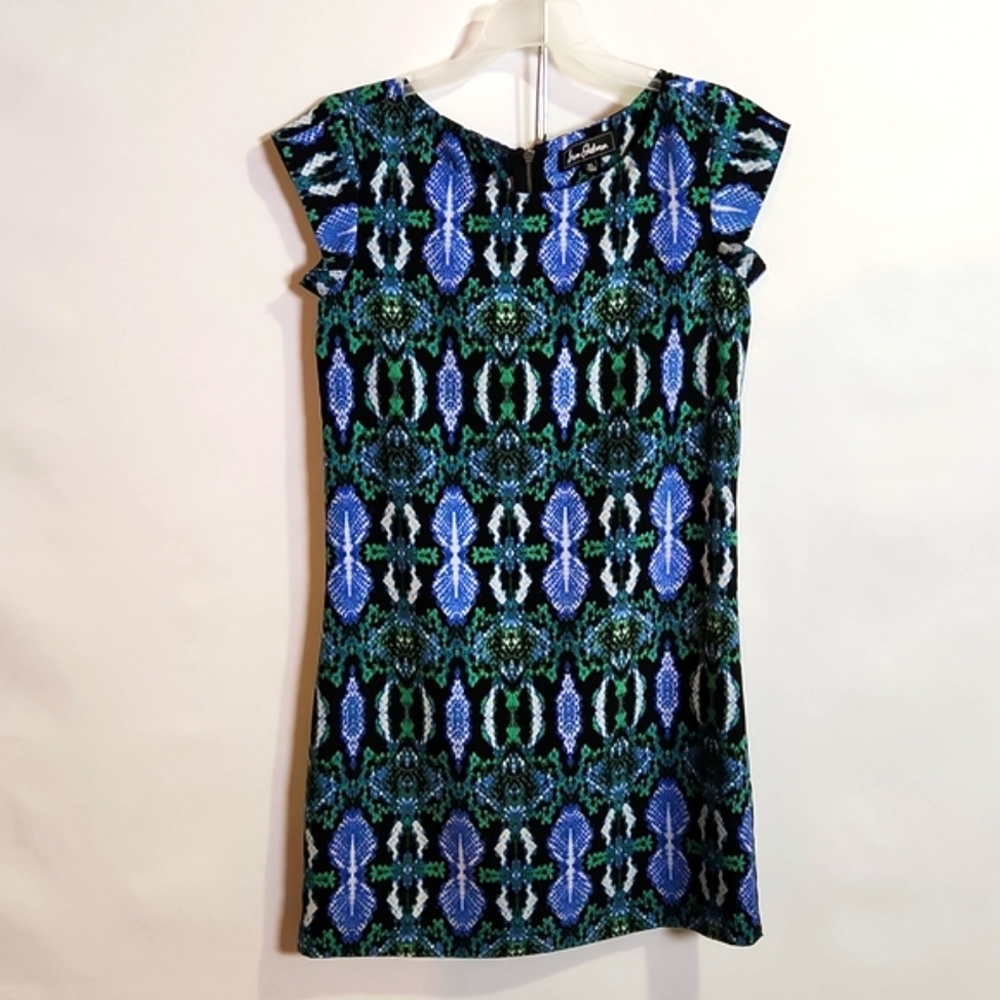 Sam Edelman Blue and Green Cap sleeve Snake print Ikat print shift dress sz-xs
